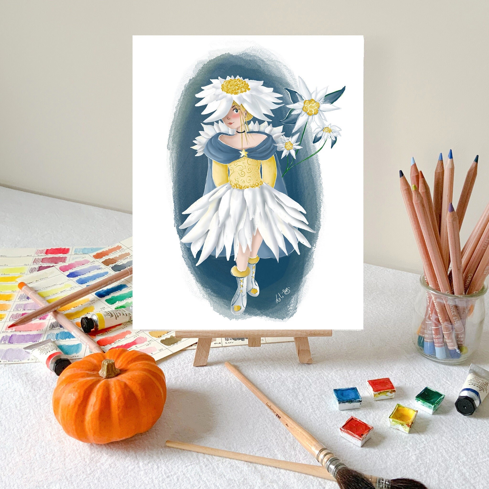 Affiche Illustrée Fée d'hiver - Illustration Fleur d'hiver, Edelweiss, Des Fleurs, Décoration Murale