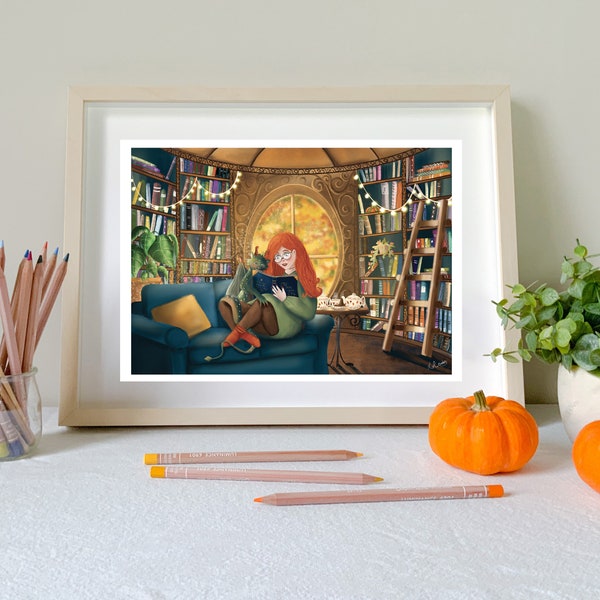 Affiche "Bibliothèque Cosy" - illustration jeunesse, affiche décorative, affiche pour enfant, dragon et sorcière, affiche automne