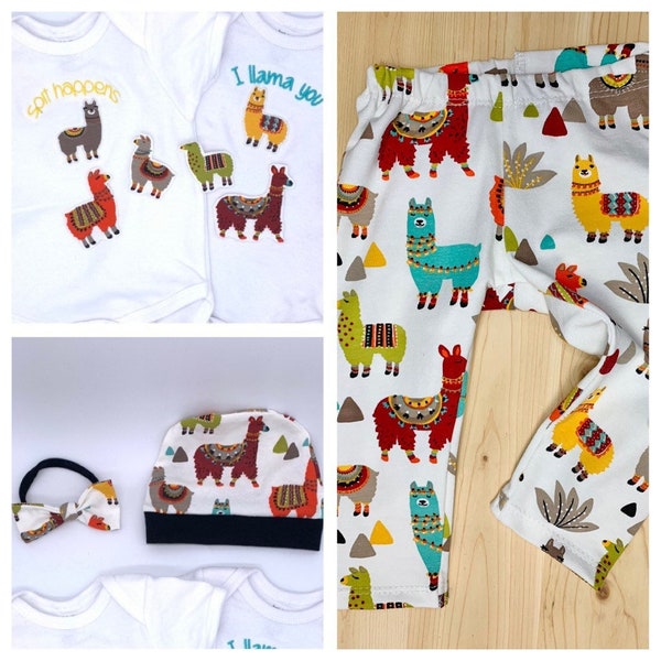 Llama “Spit Happens” or “I Llama You” Baby Clothing Set: Embroidered/Applique Bodysuit, Knit Leggings & Hat or Headband