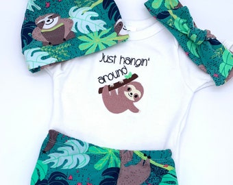 Sloth “Just hangin’ around” Bodysuit with Leggings & Hat or Headband - Super Soft Luxe Jersey Knit - Cute Animal Outfit