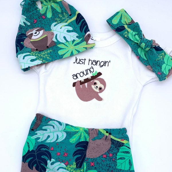 Sloth “Just hangin’ around” Bodysuit with Leggings & Hat or Headband - Super Soft Luxe Jersey Knit - Cute Animal Outfit