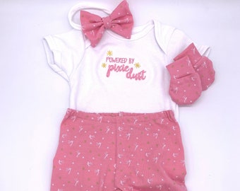 Peter Pan Tinkerbell Pretty Rose Knit Fabric: Leggings & Headband with "Powered by Pixie Dust" Embroidered Bodysuit