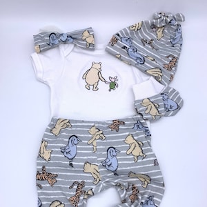 Pooh & Piglet Baby Outfit – Embroidered Bodysuit, Leggings and Headband or Beanie | Soft Knit Baby Gift Set