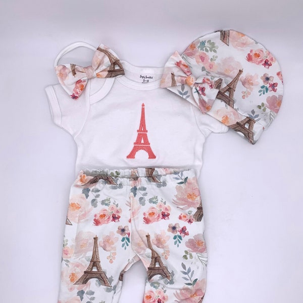 Eiffel Tower Baby Bodysuit - Embroidered with Paris Print Jersey Knit Hat or Headband - Paris Baby Outfit