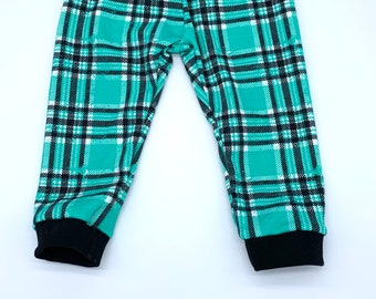 CLEARANCE - Leggings with Rib Knit Cuff: Teal Plaid - 12 month size - Super Soft Jersey Knit