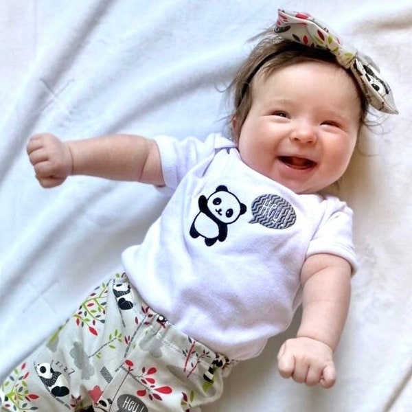 Adorable Panda Outfit - Embroidered Bodysuit and Coordinating  Headband and optional mittens - Panda Baby Clothes