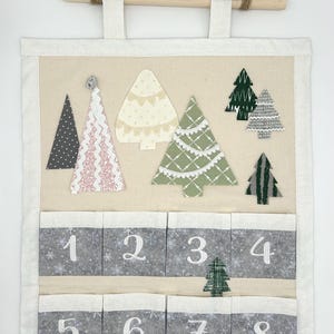 Handmade Advent Calendar with Pockets | Customizable | Christmas Countdown | White Glitter Fabric Edging with Gray & White Snowflakes Fabric