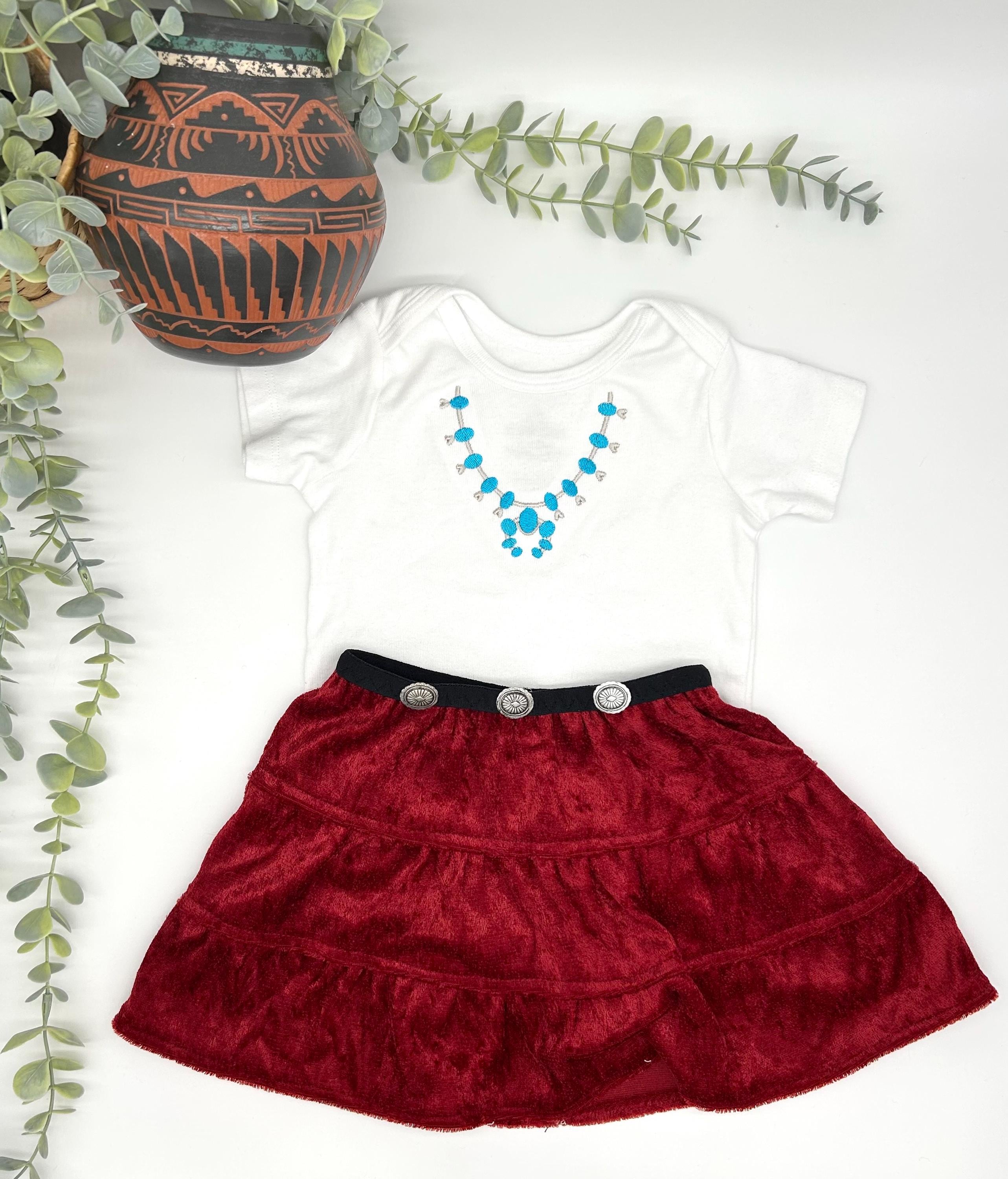 Navajo Style Baby Dress Embroidered Mock Squash Blossom Bodysuit Antique Red Crushed Velvet Skirt