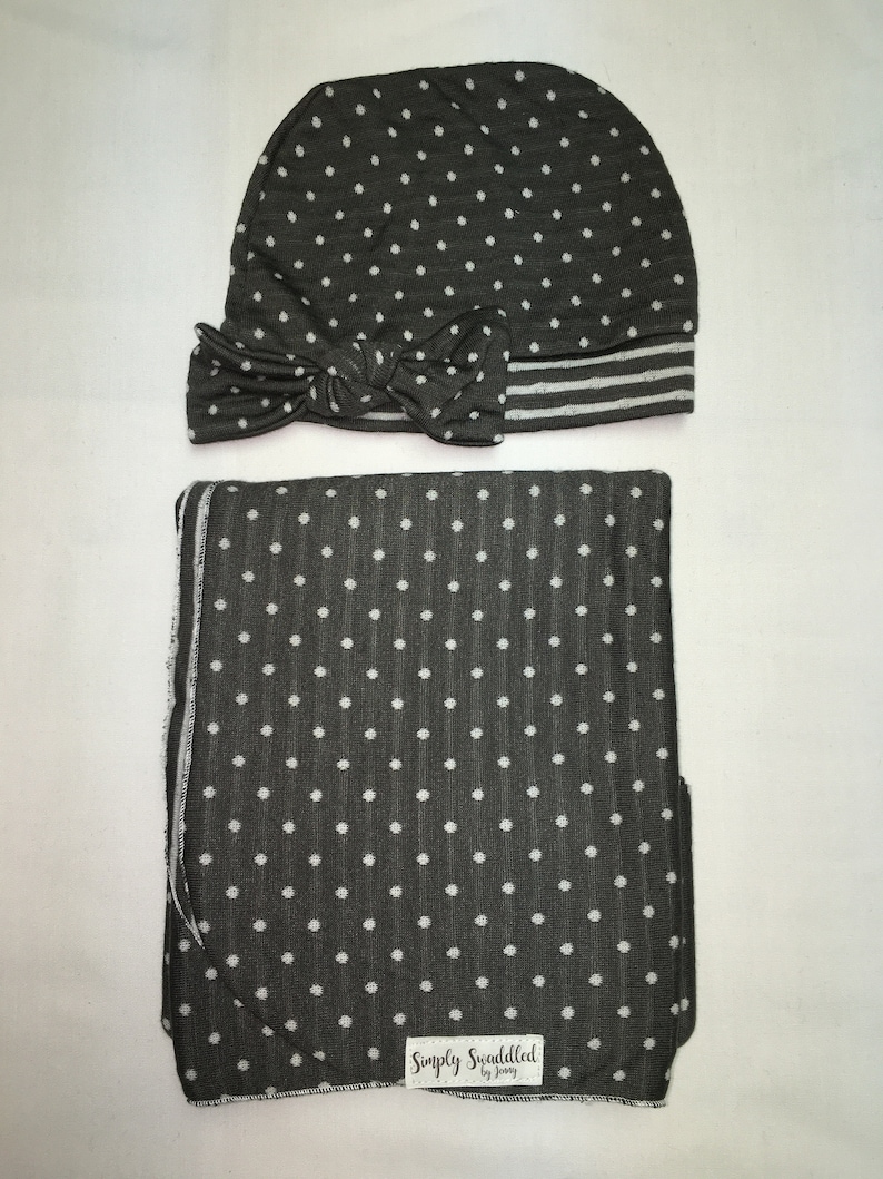 SWADDLE SET Gray and White Reversible Stripes and Dots Stretchy Knit