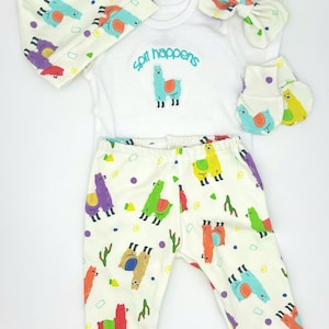 Handmade Baby Clothes | *Spit Happens* Baby Clothing Set | Unique Bodysuits & Outfit Sets | Custom Llama Fabric