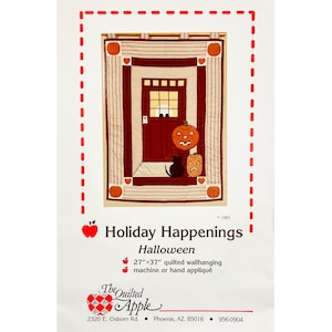 May include: A quilted Halloween wall hanging featuring a red door with a jack-o'-lantern and a black cat. The design includes pumpkins and a decorative border. The text reads "Holiday Happenings" and "Halloween". The wall hanging measures 27" x 37".