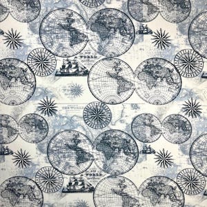 Map of the World Fabric by Lula Bijoux Studio for David Textiles, 1 YARD, 100% Cotton, Old World Map