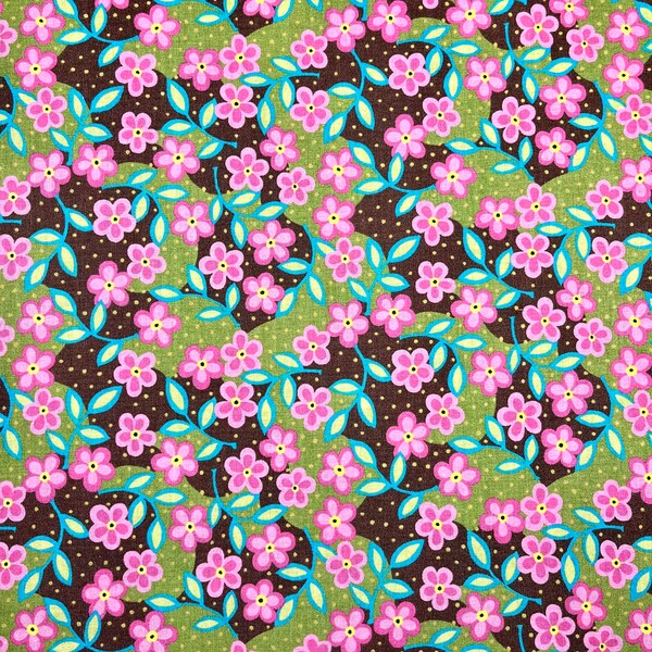 Sweet Pink Spring Flowers Whimsical Floral Fabric, Brown Background, 100% Cotton, By the Yard