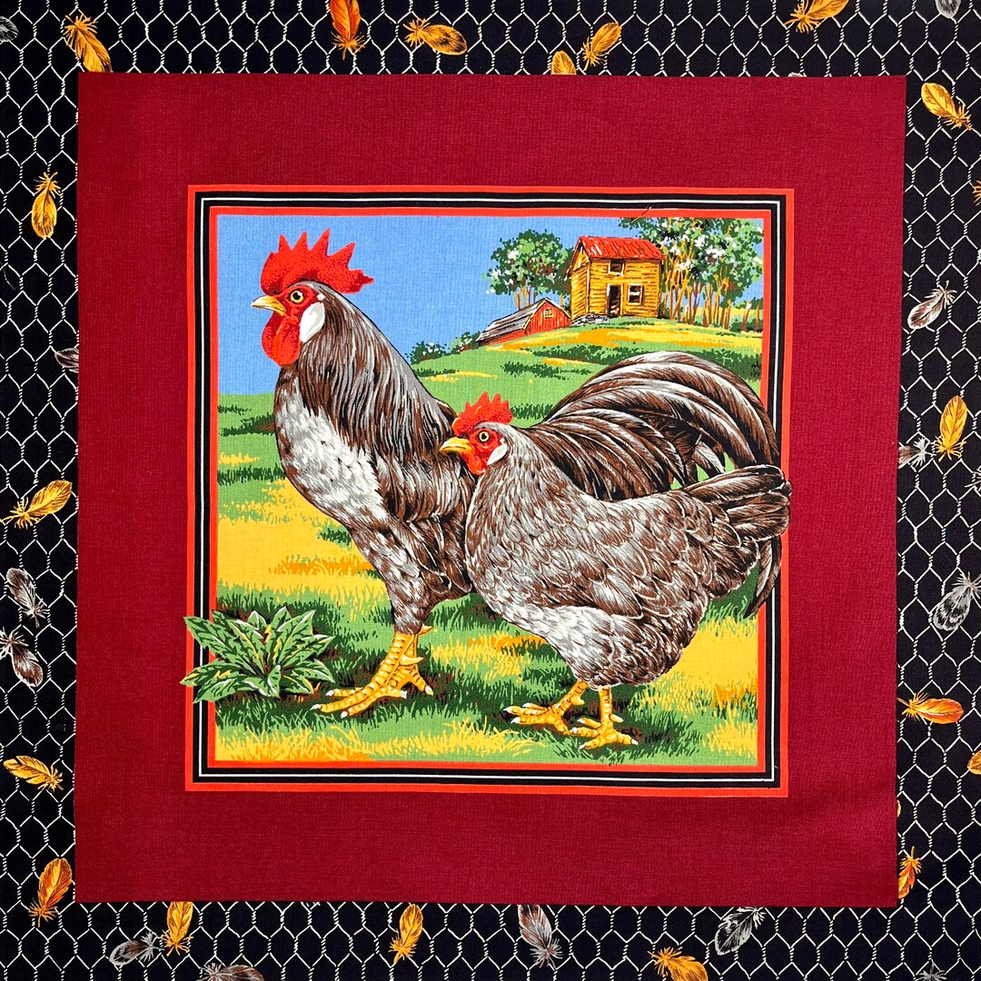 Rooster and Hen Chicken Panel Fabric, FOUR PACK of Precut 18 Squares