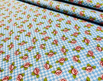 Mary Engelbreit Fabric Roses on Blue Gingham ME Ink 2000 by VIP Cranston Village 1 YARD 100% Cotton