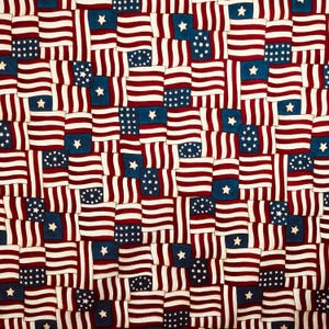 May include: A fabric pattern featuring a repeating design of American flags. Each flag is a patchwork of red and white stripes with a blue canton containing white stars. The flags are arranged in a dense, overlapping grid.