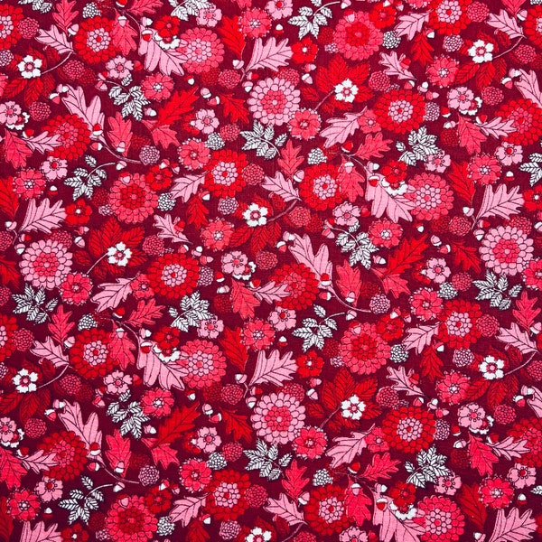 Japanese Kiku Style Chrysanthemum Mum Floral Fabric, Pink and White Flowers on Red, 100% Cotton, 51" long x 44" wide