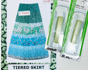 Tiered Skirt Sewing Pattern by Rochelle’s + 2 pkgs StretchRite Elastic, Women's Sizes 8-18