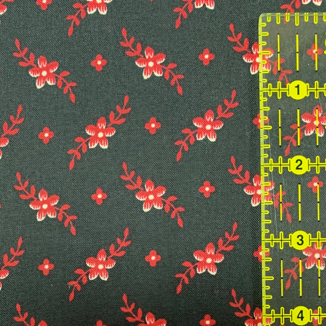 Floral Calico Fabric Red Flowers on Black by Baum Textile | Etsy