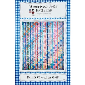 May include: A quilt pattern package titled "American Jane Patterns" with a blue and white gingham border. The package features a colorful quilt design with various geometric shapes and the text "Prints Charming Quilt."