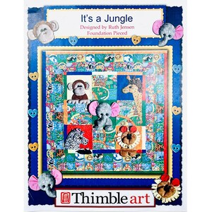 May include: A colorful quilt with jungle animal appliqués, including a monkey, giraffe, elephant, zebra, and lion. The quilt is framed with a blue border and decorative buttons. The text "It's a Jungle" is displayed at the top.
