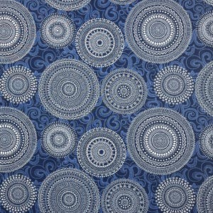 May include: A seamless pattern of white mandala designs on a dark blue background. The mandalas are intricate and detailed, with multiple layers of circles and swirls.