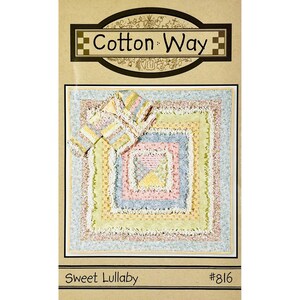 May include: A square, multi-colored quilt with a patchwork design. The quilt features pastel shades of pink, blue, yellow, and green. The text "Cotton Way" is at the top, and "Sweet Lullaby" is at the bottom.
