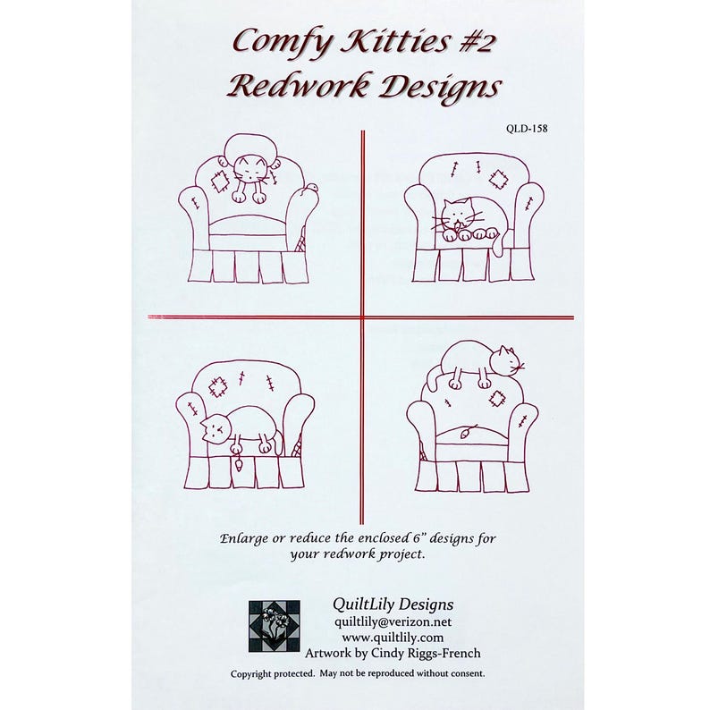 Comfy Kitties 2 Redwork Designs Redwork Embroidery Pattern QLD158 From