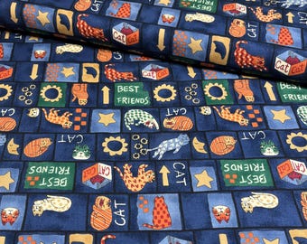 Best Friends Cats Patch Fabric in Blue by Hoffman International, BY THE YARD, 100% Cotton
