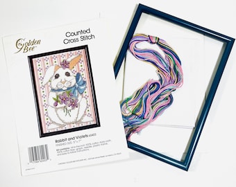 Rabbit and Violets Cross Stitch Kit: Easter Bunny, Includes Frame