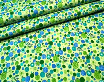 Circles, Dots, and Spirals Fabric, Greens and Blues, 1 YARD, 100% Cotton