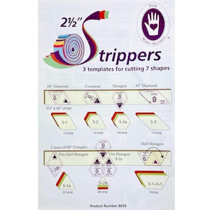 May include: Marti Michell 2 1/2" Strippers quilting template set for cutting 7 shapes. Includes diagrams for 60 degree diamonds, coneheads, hexagons, 45 degree diamonds, and 60 degree triangles. Features product number 8059 and instructional graphics.