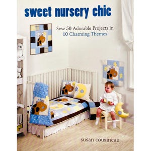 May include: A nursery scene featuring a crib with a giraffe-themed quilt, pillows, and a blanket. The room includes a bookshelf with stuffed animals, and a child sitting on a small chair. The text reads "sweet nursery chic".