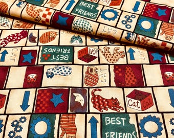 Best Friends Cats Patch Fabric in Tan by Hoffman International, BY THE YARD, 100% Cotton