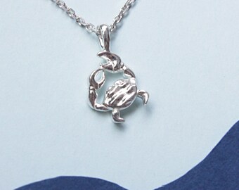 May include: A silver crab pendant necklace. The crab is detailed and has a textured surface. The necklace is on a light blue background.