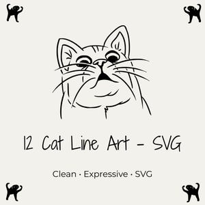 Könnte beinhalten: Eine Schwarz-Weiß-Strichzeichnung eines Katzenkopfes mit dem Text "12 Cat Line Art - SVG". Die Wörter "Clean", "Expressive" und "SVG" sind ebenfalls enthalten. Vier kleine schwarze Katzensilhouetten befinden sich in jeder Ecke.
