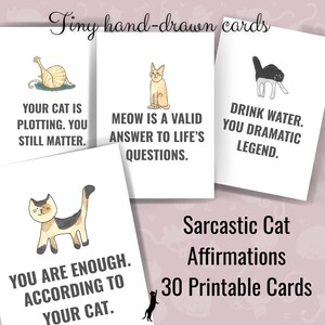 Könnte beinhalten: Eine Sammlung weißer Karten mit Katzenillustrationen und humorvollen Affirmationen. Die Karten zeigen Sätze wie „Miau ist eine gültige Antwort“ und „Du bist genug“. Der Text „Sarkastische Katzen-Affirmationen“ ist ebenfalls sichtbar.