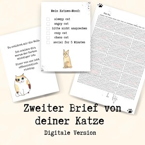 Może przedstawiać: Trzy arkusze białego papieru z ilustracjami kotów i tekstem w języku niemieckim. Jeden arkusz zawiera listę zatytułowaną Mein Katzen-Mood, drugi przedstawia kota z tekstem o kartonowych pudełkach, a trzeci zawiera gęstą siatkę liter.
