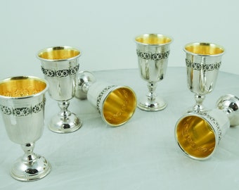 Sterling Silver 925 Goblet Set, Embossed Floral Wine Glasses, Luxury Judaica Wedding Gift