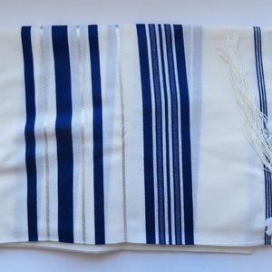Jewish Tallit Shawl Blue and Silver Stripes Rachelim Wool for Bar Mitzvah Synagogue Holidays Prayer 100% Kosher!