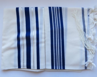 Kosher Wool Tallit Shawl, White Blue Silver Stripes, Bar Mitzvah Wedding Prayer Shawl