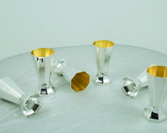 Set of 6 Sterling Silver 925 Liquor Cups, Gold Wine Shot Glasses, Judaica Shabbat Decor