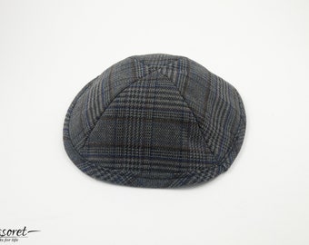 Gray Plaid Knitted Kippah, Geometric Pattern Yamaka Yarmulke, Modern Head Covering