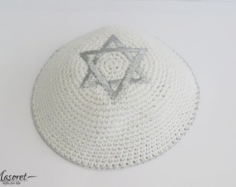 Lot of 10pcs White 17cm Jewish Kippah Yamaka Magen David Embroidery