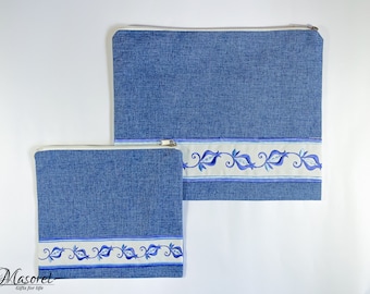 Blue Linen Tallit Tefillin Bags, Pomegranate Embroidery, Jewish Gift (Includes PVC Bag)