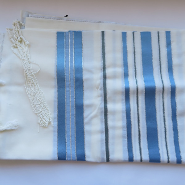 Jewish Tallit Shawl Blue Silver Stripes Rachelim Wool for Bar Mitzvah Synagogue Holidays Prayer 100% Kosher!