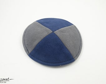 Blue Gray Jewish Kippah Set, 15cm Kids Men Knitted Yarmulke, Flat Synagogue Yamaka