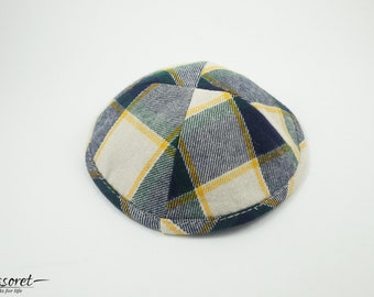 Modern Square Design Jewish Kippah Set of 3, 17cm Knitted Yamaka Yarmulkes, Yellow and Gray Jewish Head Covering Set