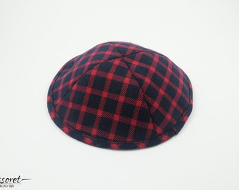 Red Plaid Kippah Set, Knitted Yarmulke Head Covering (17cm)