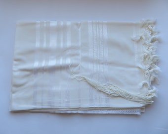 Kosher Wool Tallit Shawl, White Stripes, Bar Mitzvah Wedding Prayer Shawl